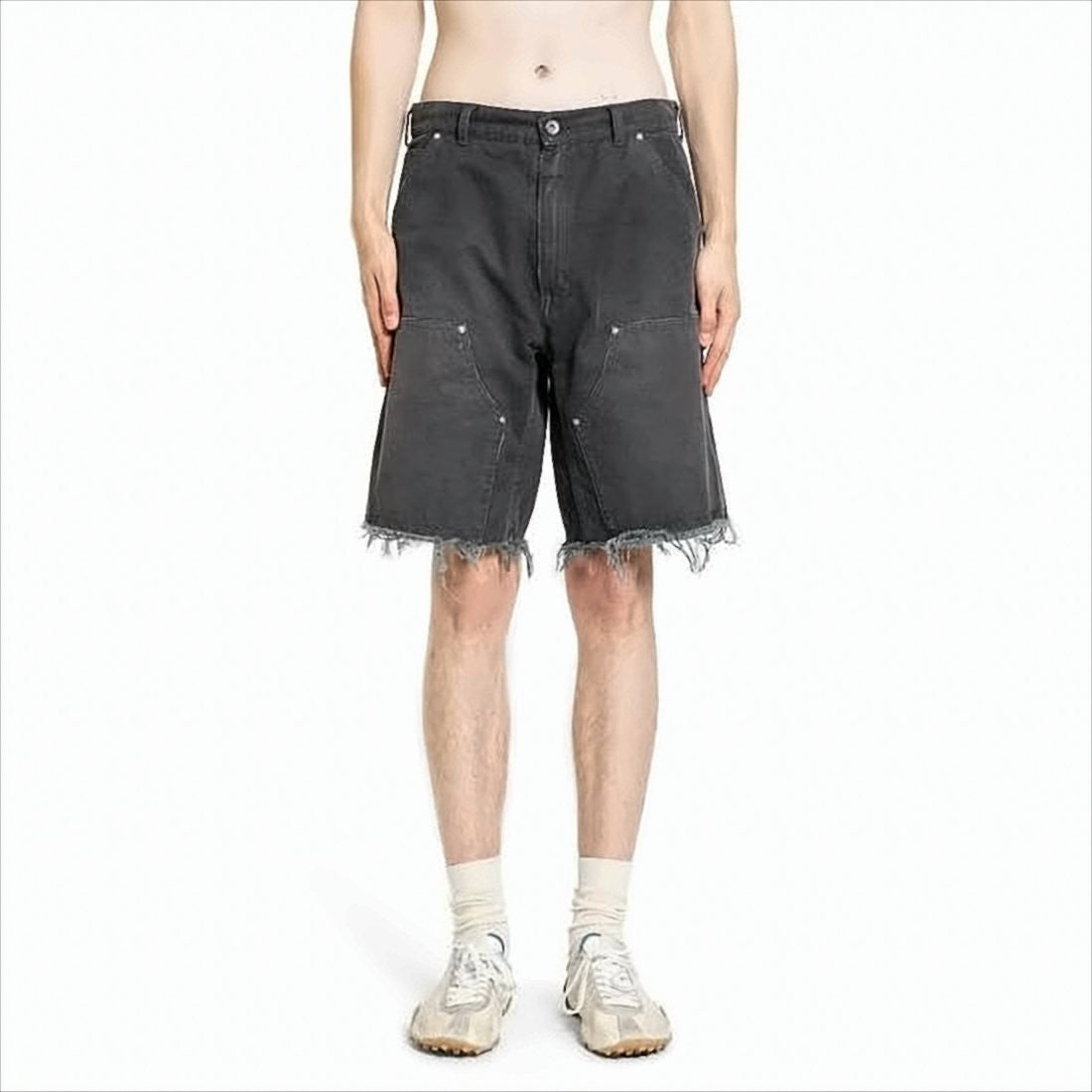 Mid-Thigh Relaxed Fit Shorts With Distressed Hem And Utility Pockets