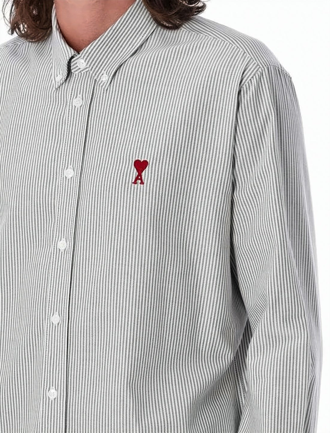 Vertical Striped Button-Down Shirt with Embroidered Heart Accents