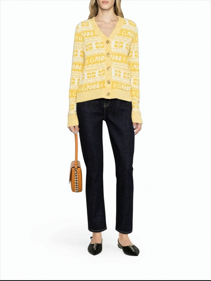 Cropped V-Neck Cardigan with Logo Motifs and Geometric Designs