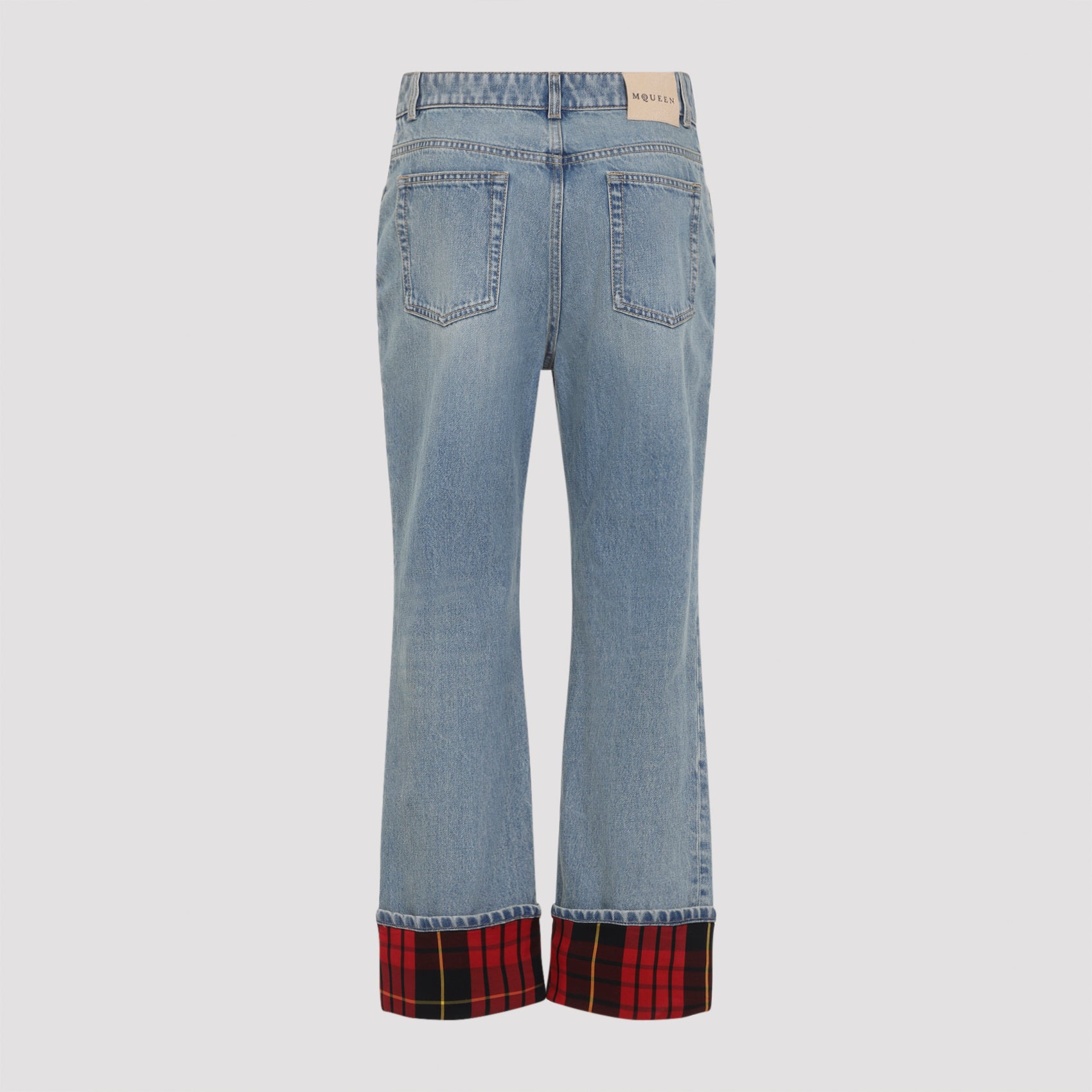 Light Blue Denim Jeans with Bold Tartan Cuffs