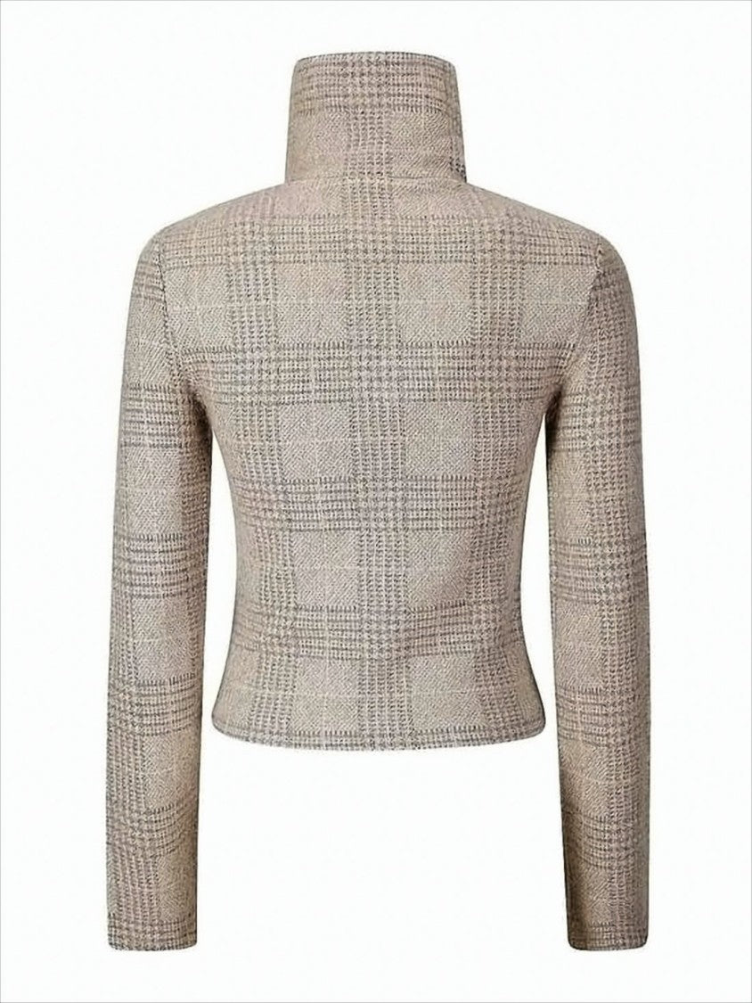 Fitted Textured Cardigan with High Collar and Zip Closure