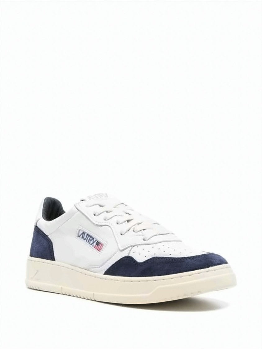 White Leather Low-Top Sneakers with Navy Suede Accents