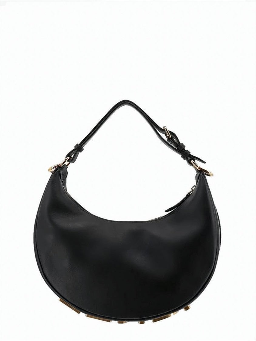 Crescent-Shaped Black Leather Shoulder Bag with Gold Accents