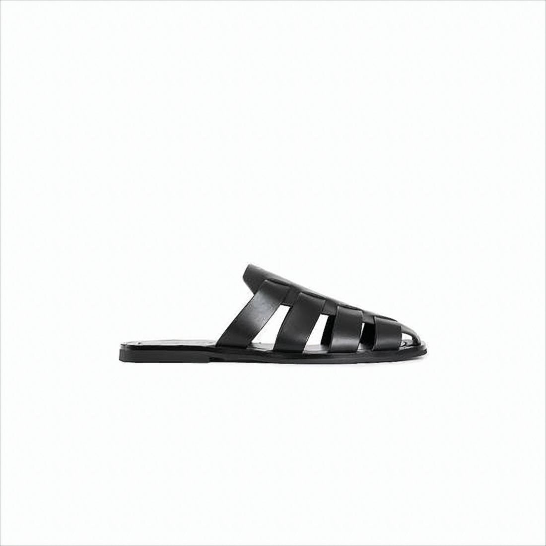 Woven Strap Black Leather Mules