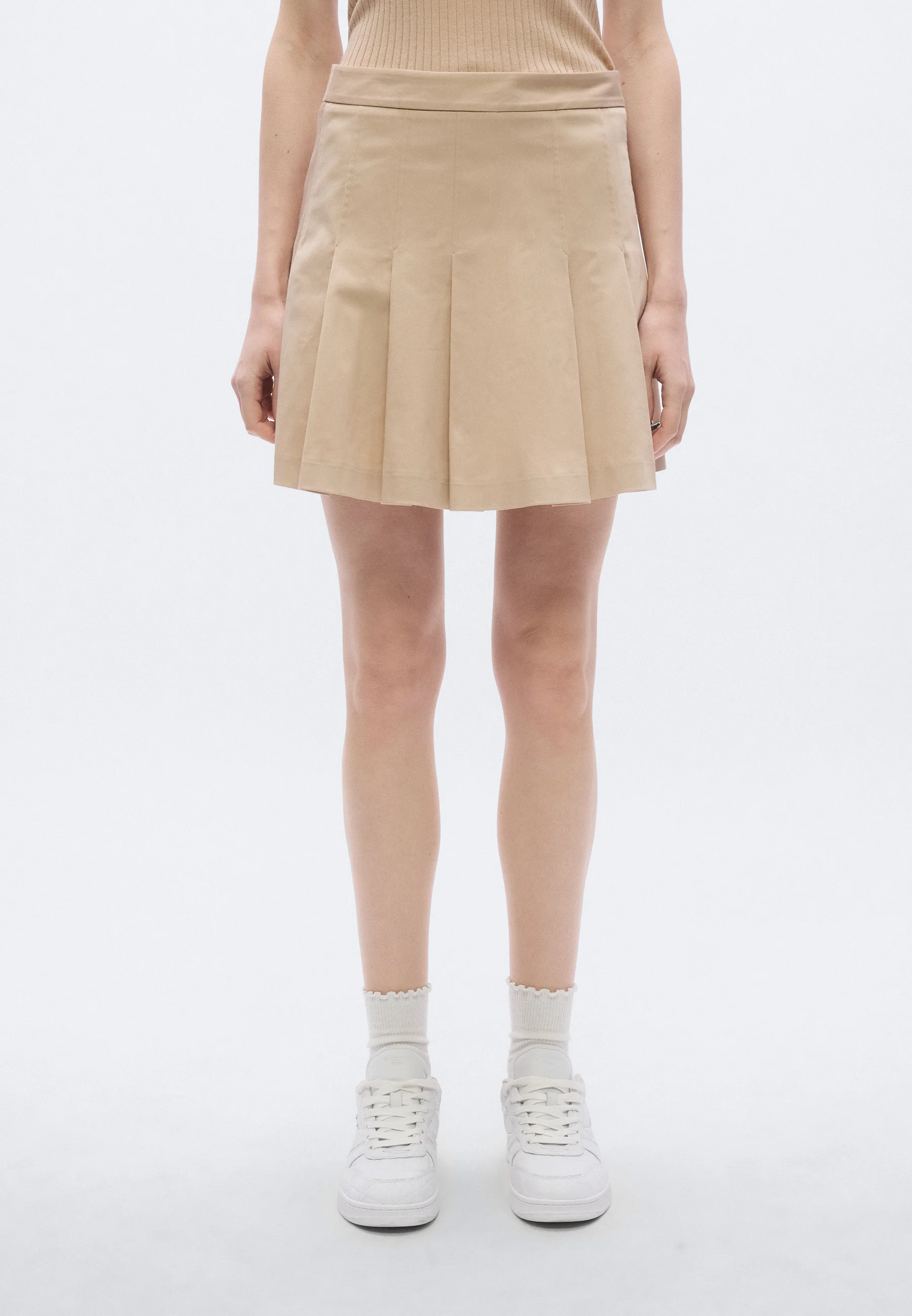 Beige Short Pleated Cotton Skirt