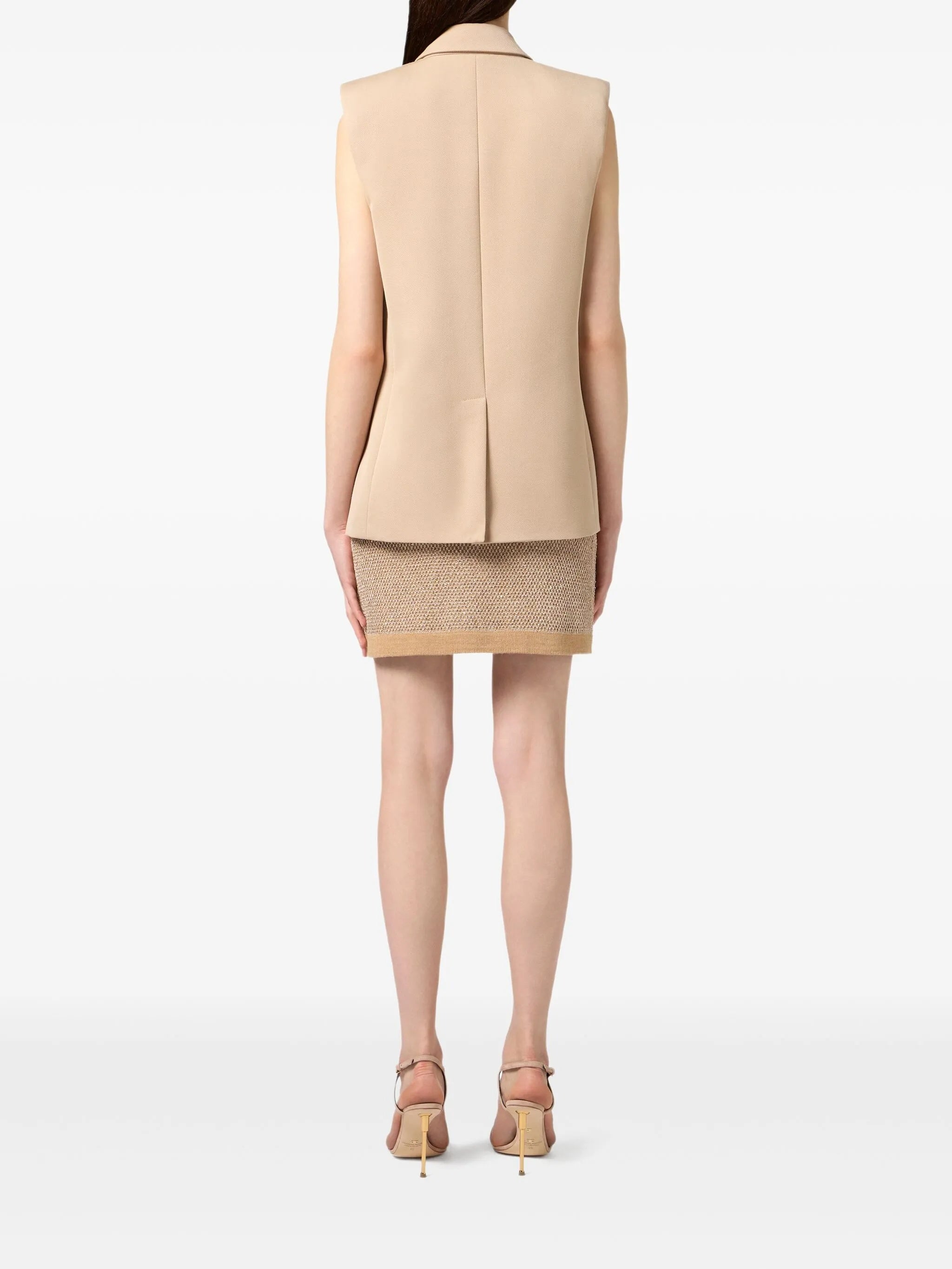 Beige Textured Knitted Button Mini Skirt