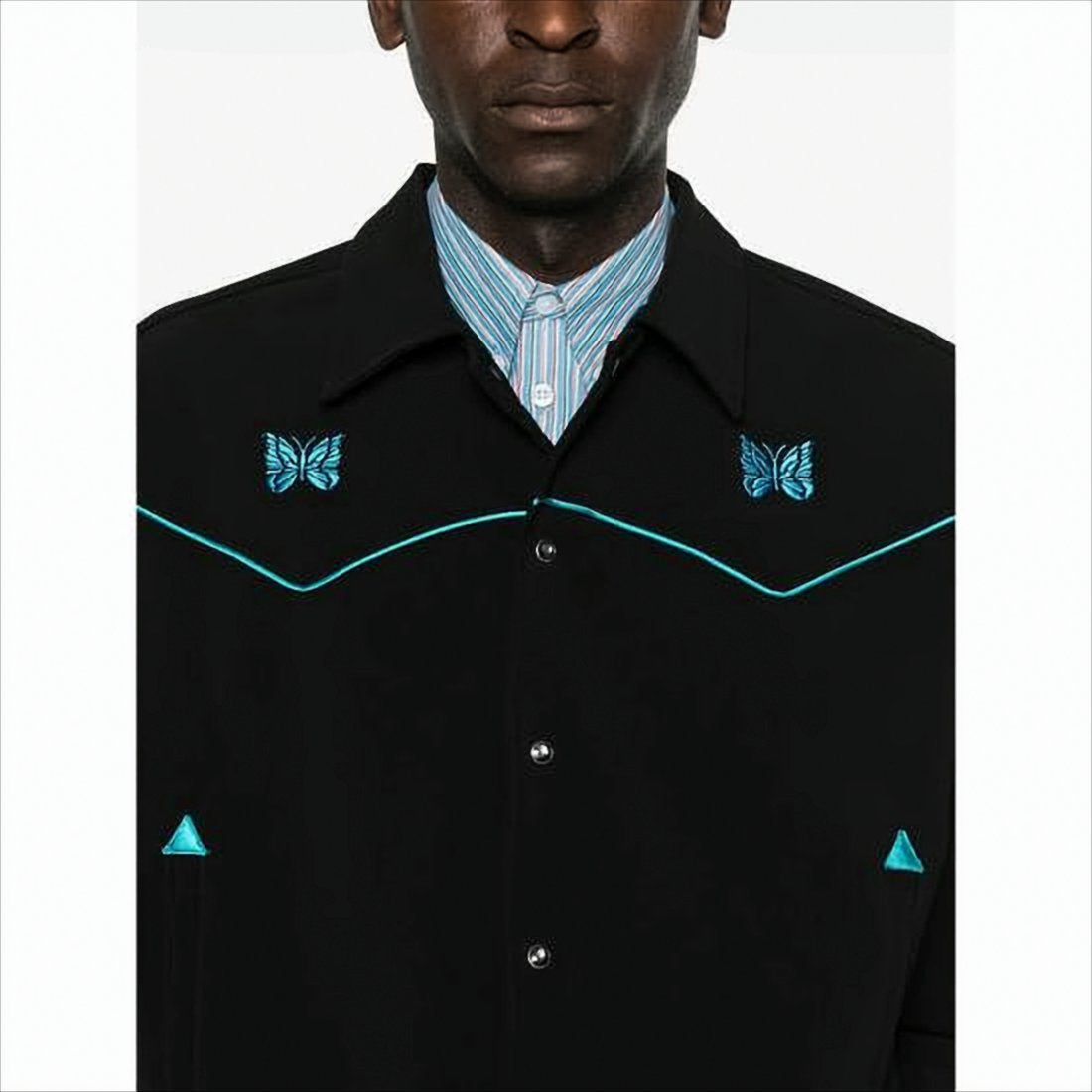 Embroidered Black Jacket with Turquoise Butterfly Motifs