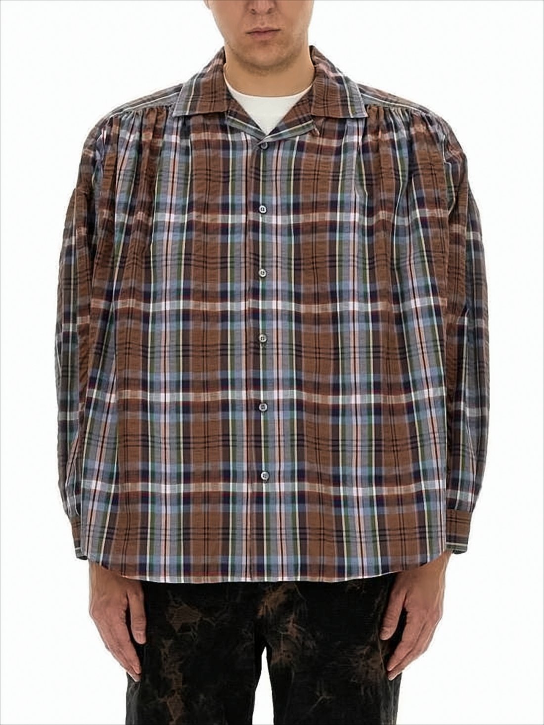 Plaid Long-Sleeve Shirt with Classic Collar and Gathered Shoulders