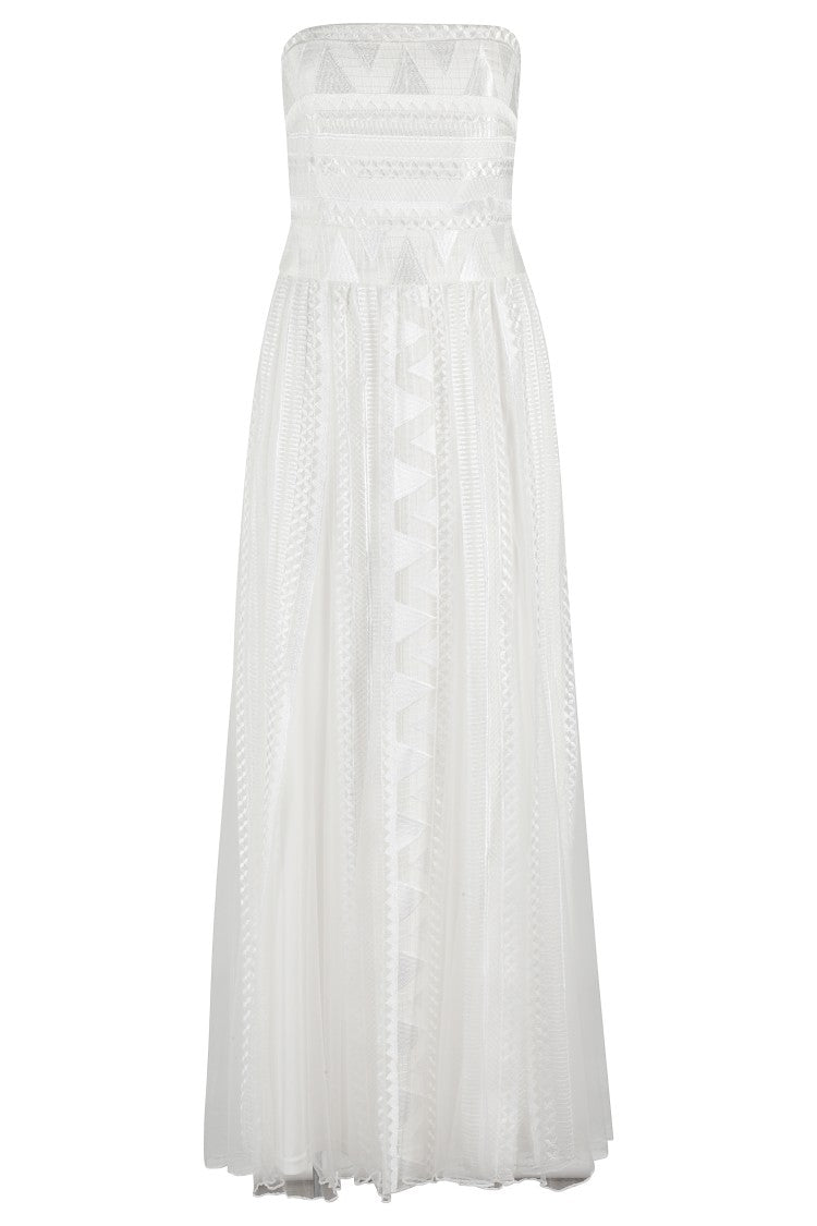 Sleeveless Flared Tulle Dress With Tone-On-Tone Embroidery