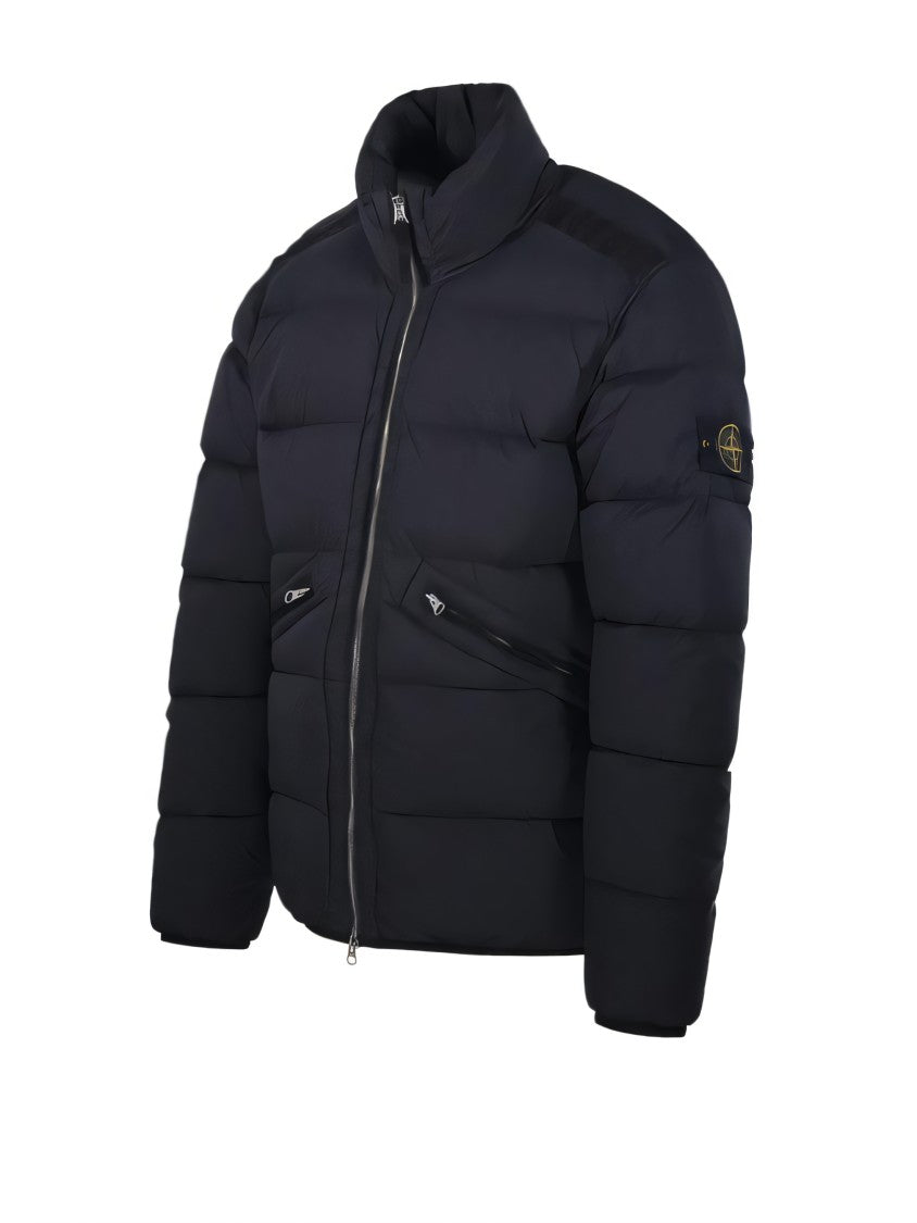 Quilted Black Padded Jacket With High Collar And Logo Patch
