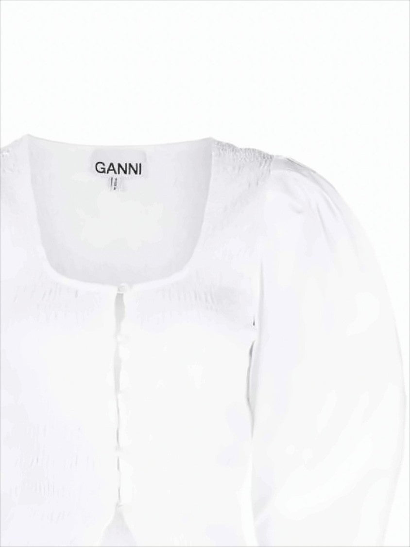 Fitted Cotton Blouse with Square Neckline and Voluminous Sleeves