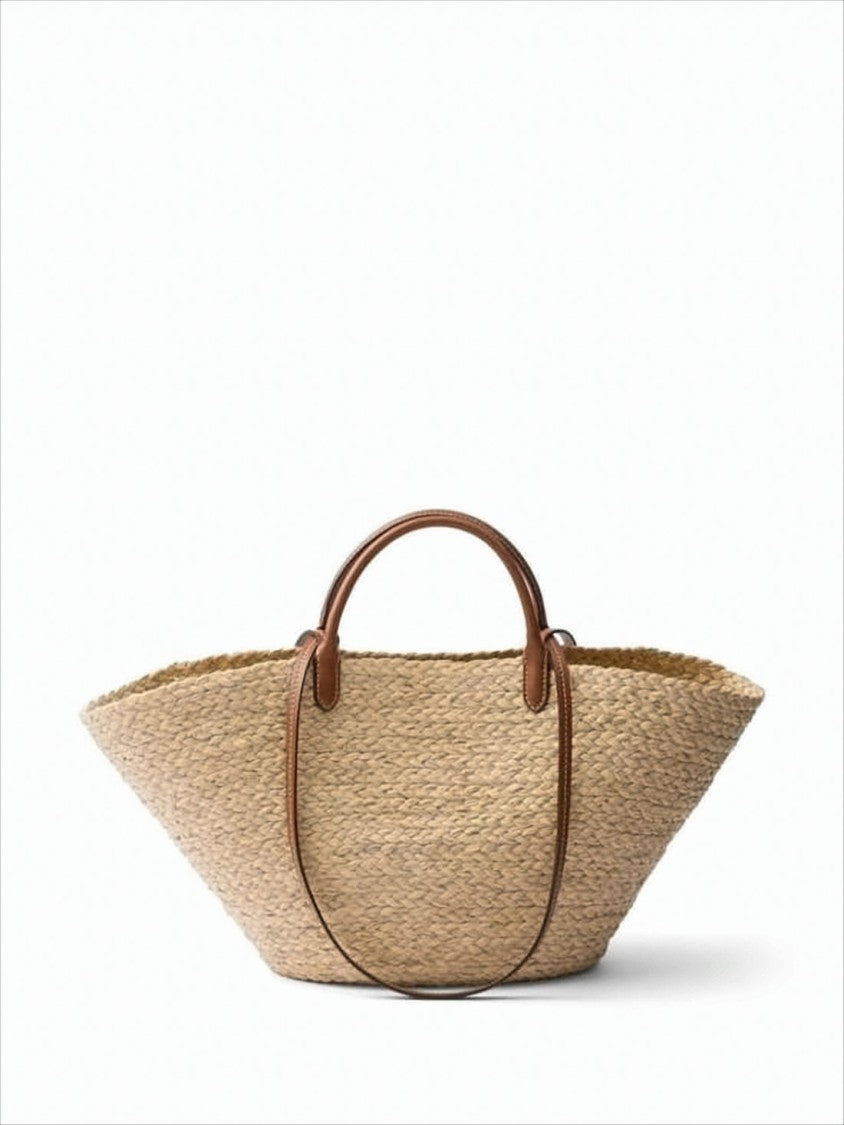 Trapezoidal Raffia Shoulder Bag With Embossed Logo Detail