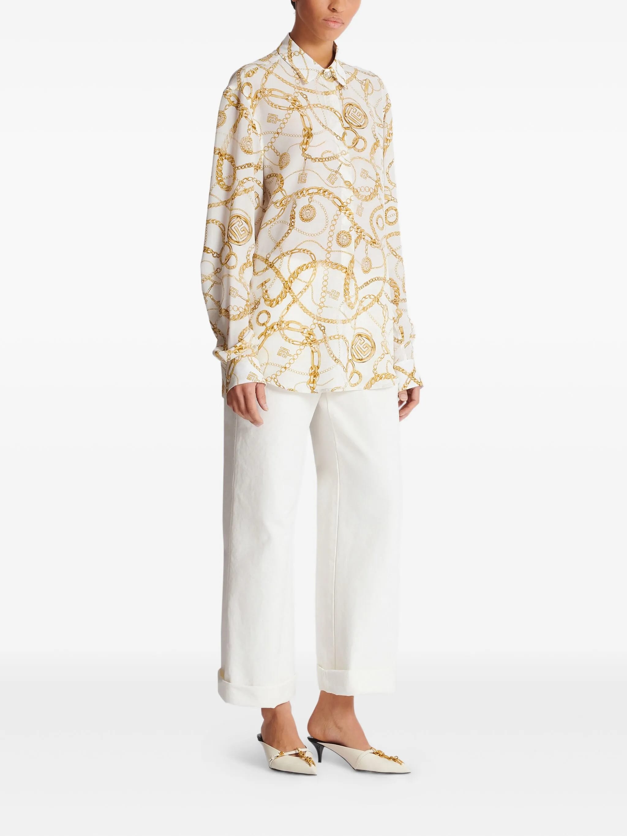 White Ls Shirt Chain Print Silk Shirt