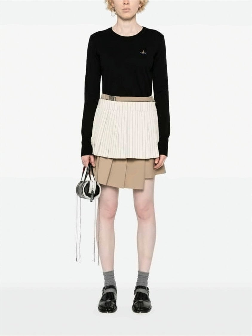 Black Knit Sweater with Cream Pleated Hem