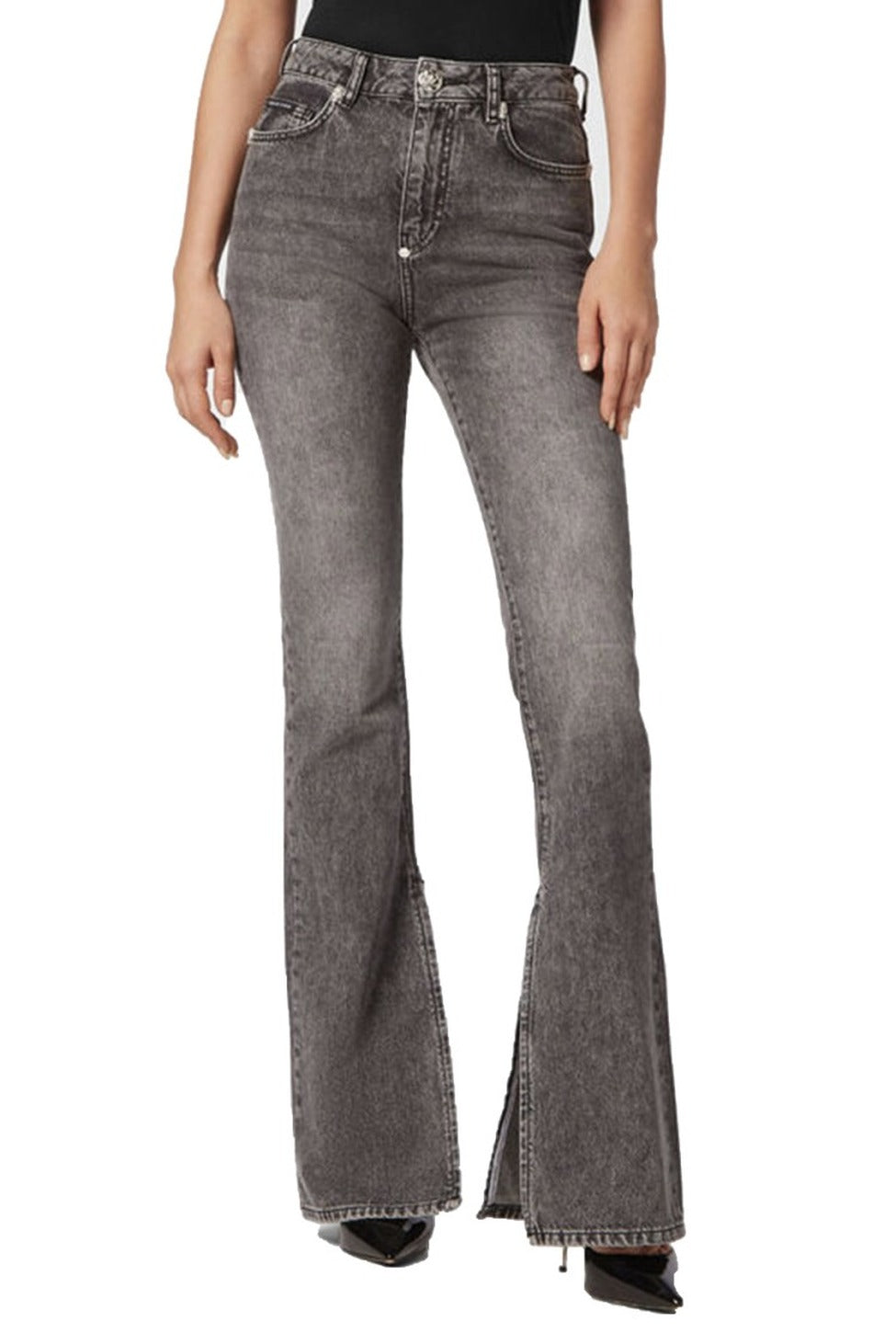 Flared High-Waisted Jeans With Split Hem Design