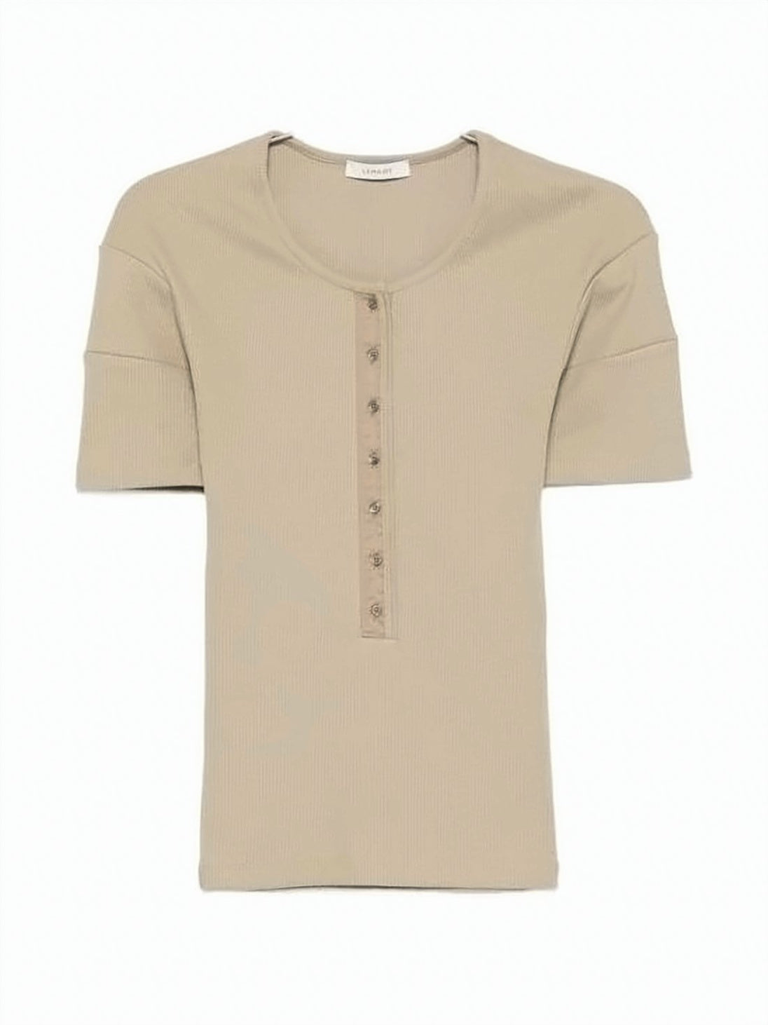 Ribbed Knit Short-Sleeved Top with Buttoned Placket