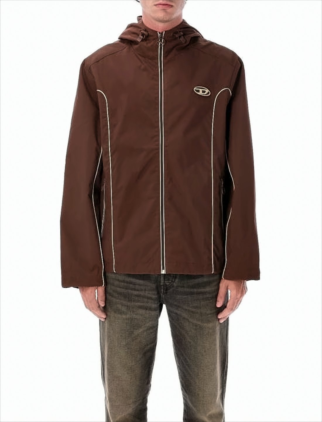 Brown Hooded Jacket with Piping Details