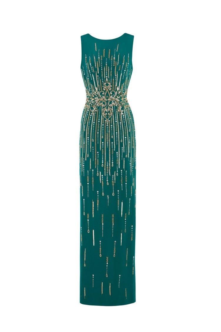 Long Crepe Beaded Dress
