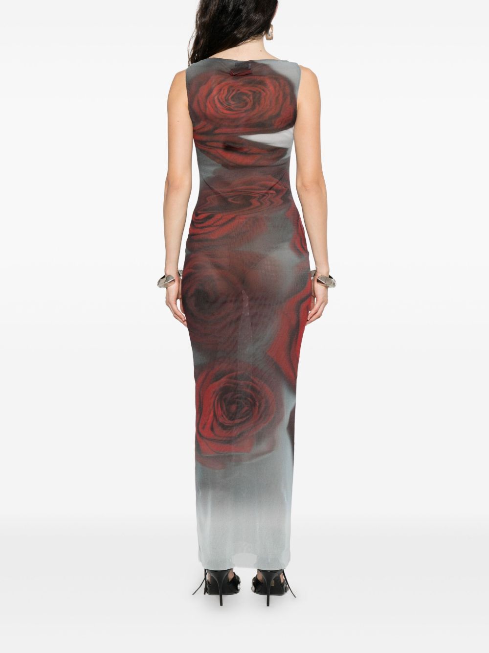 Dark Red Blurry Roses Print Sleeveless Tulle Maxi Dress