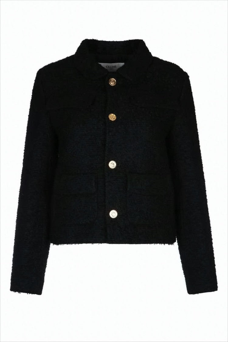 Textured Black Cropped Jacket With Gold-Tone Accents