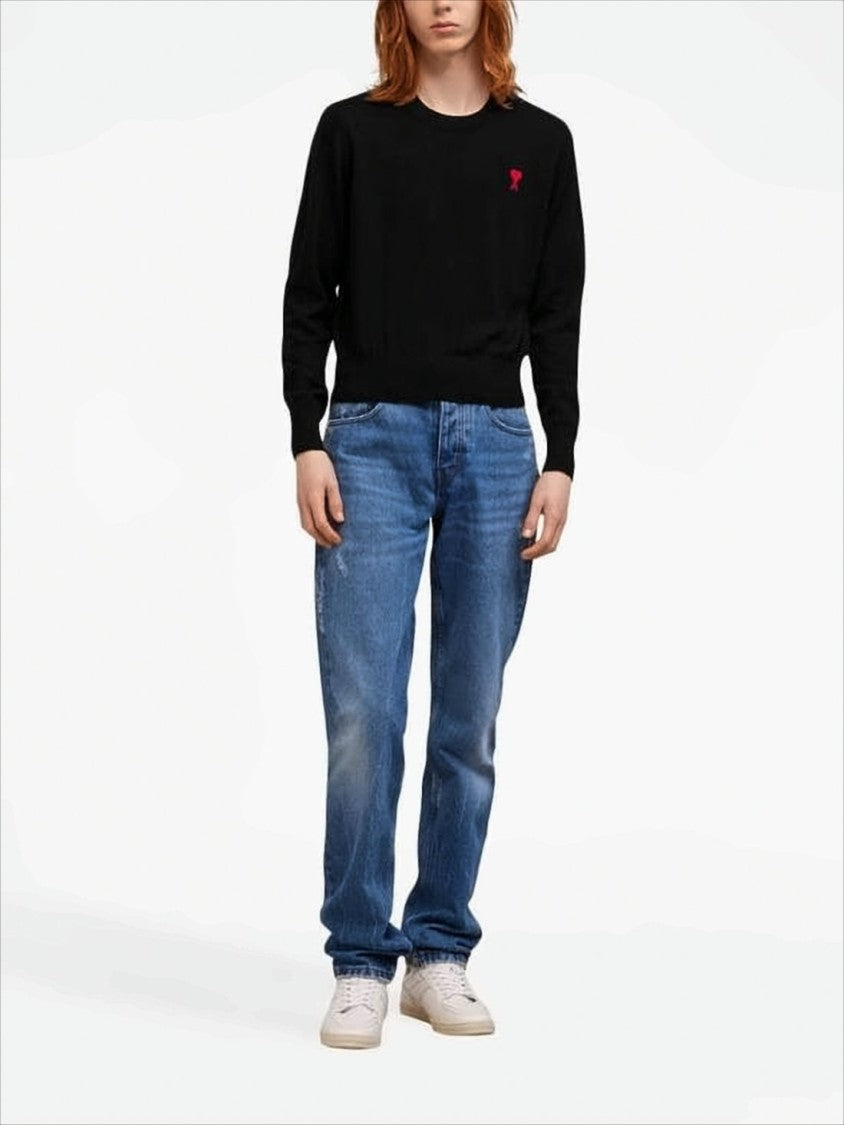 Fitted Black Merino Wool Sweater with Heart Logo