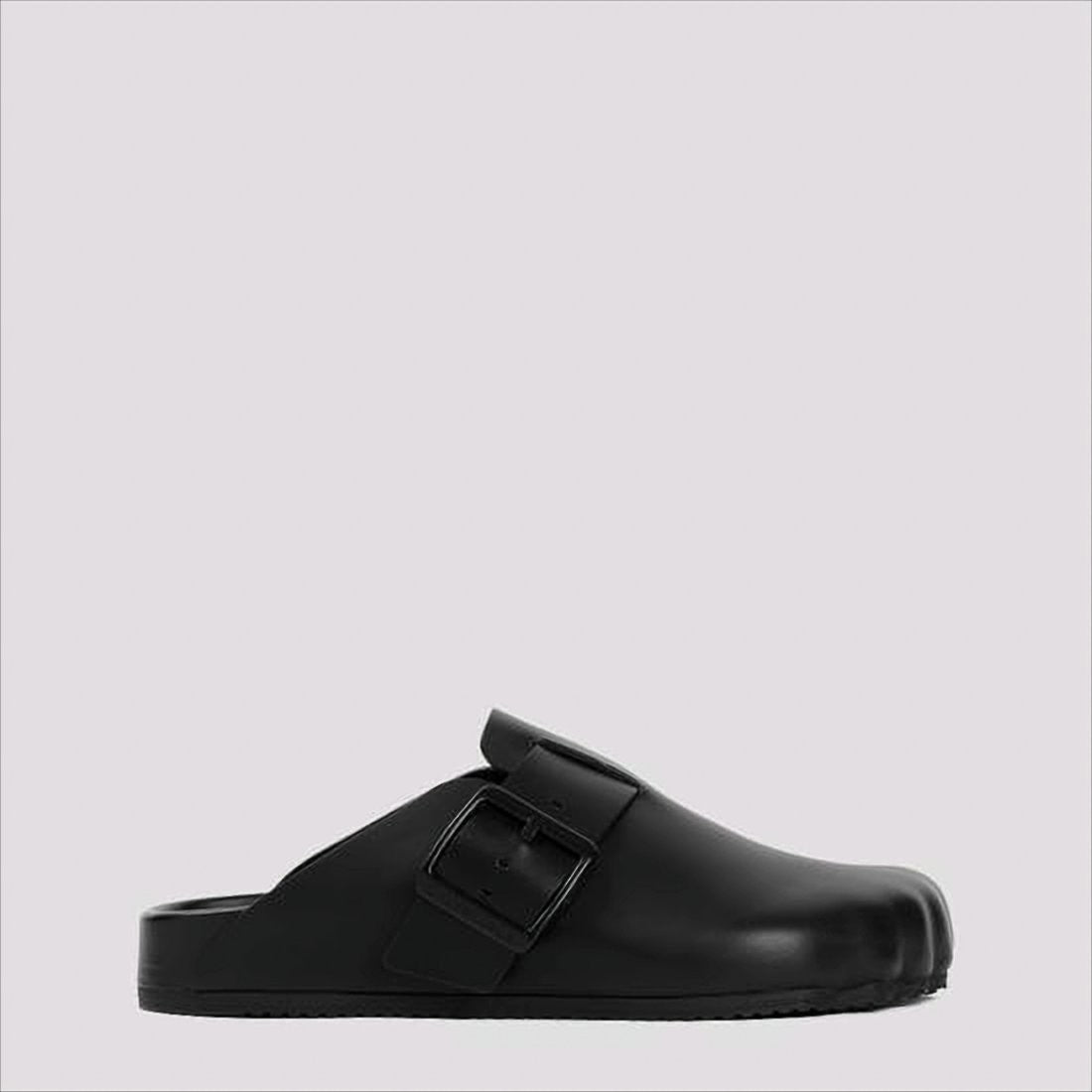 Black Calf Leather Mule with Statement Buckle
