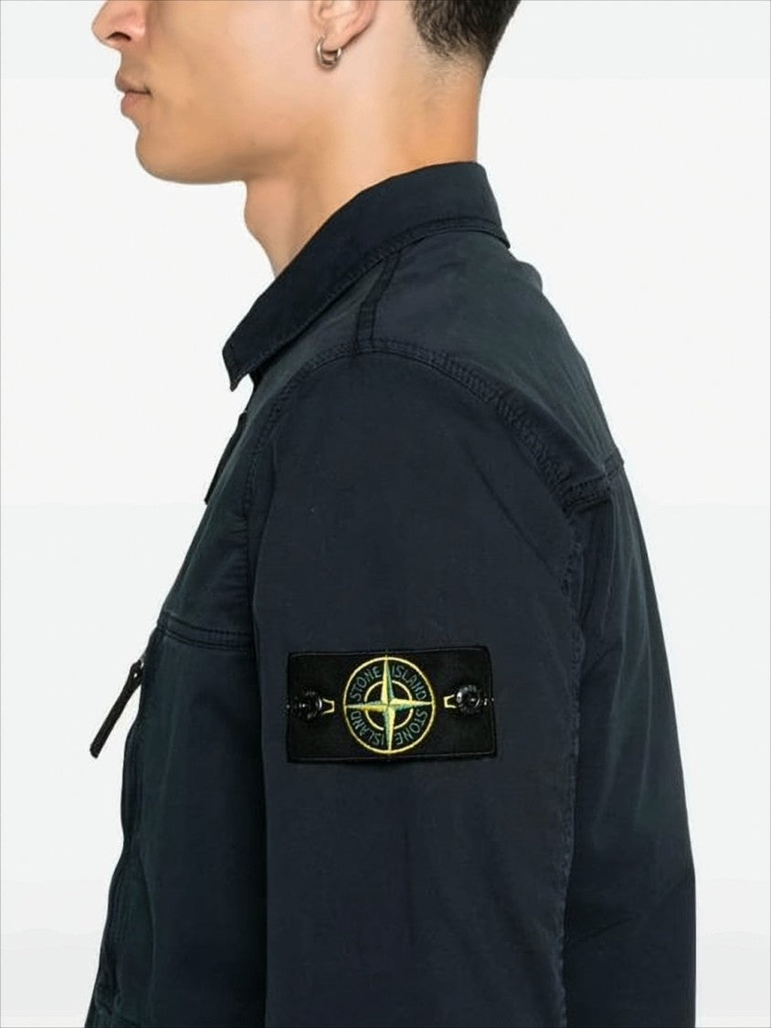 Long-Sleeve Black Casual Shirt with Zip Pocket and Patch Logo