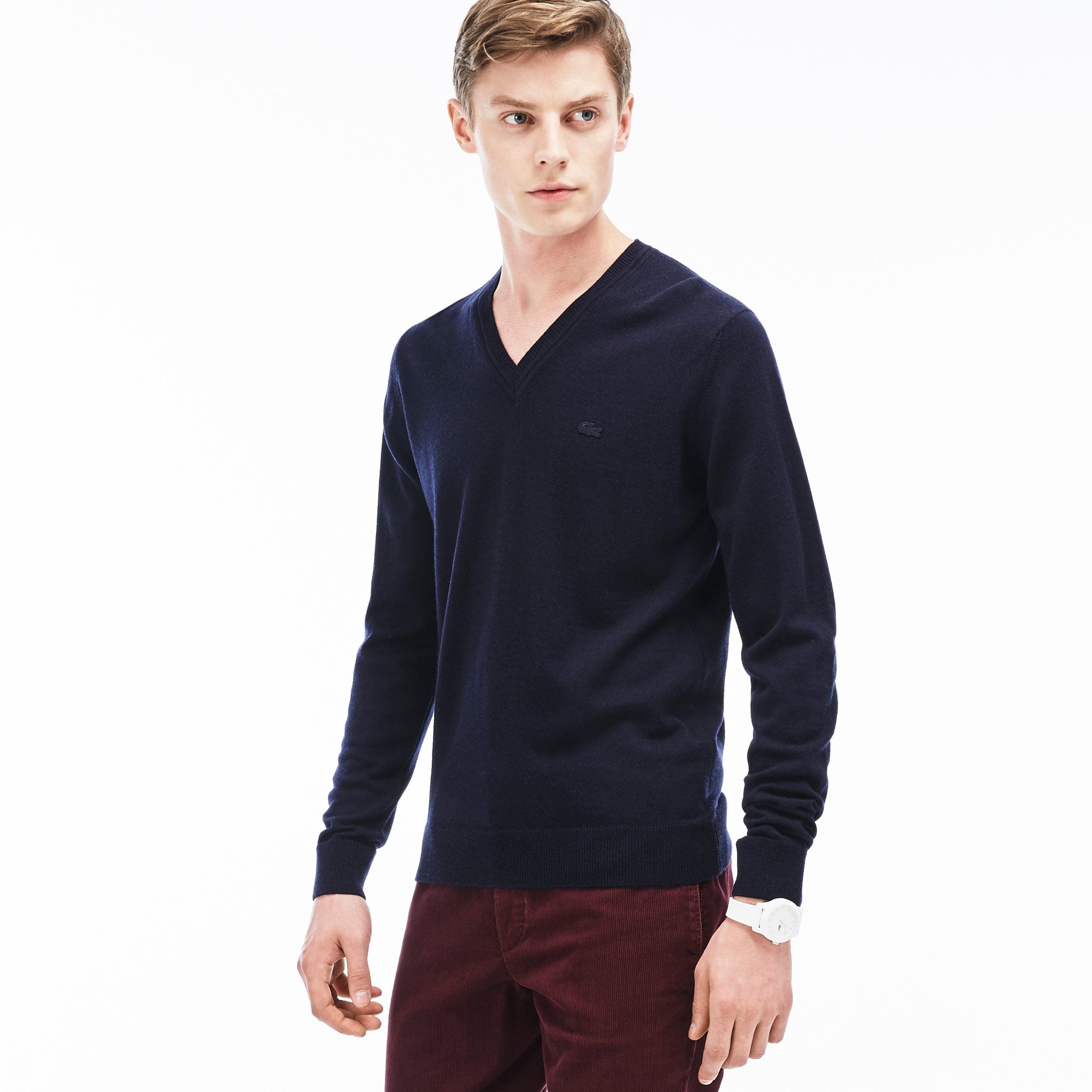 Fitted V-Neck Cotton Knitwear Sweater in Deep Blue