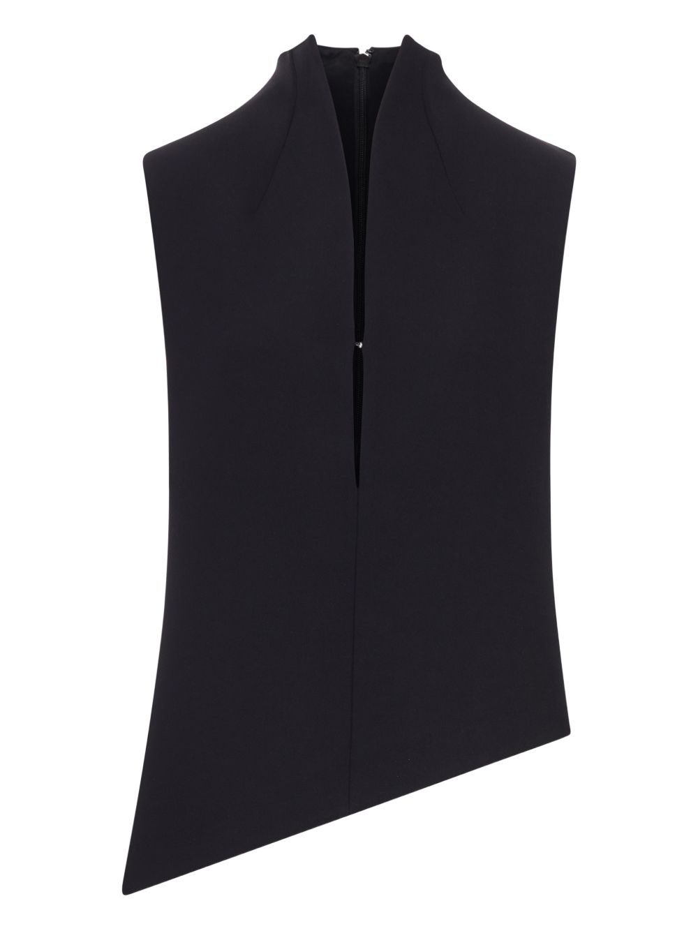 Asymmetrical Hem Top with Sculptural Stand-Up Collar