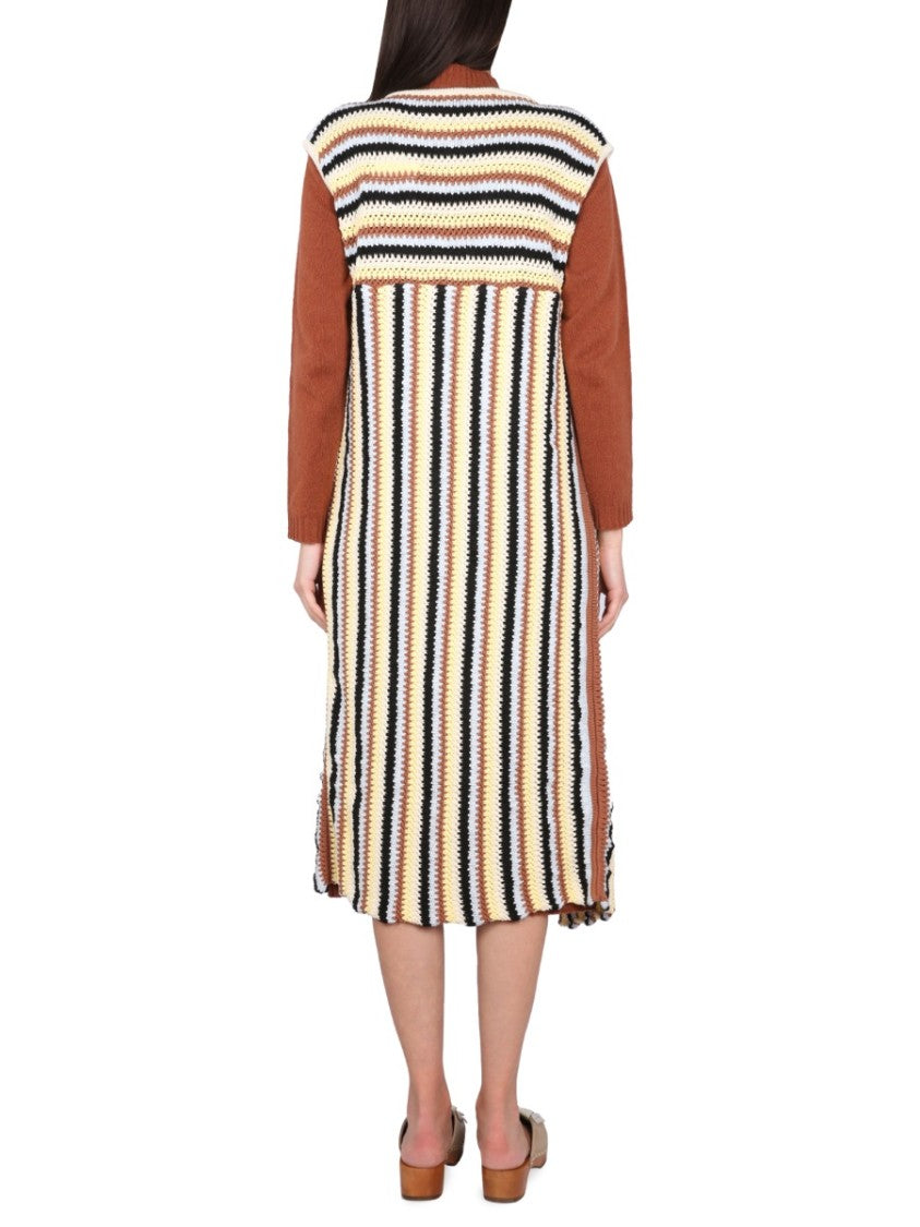 Open Front Striped Long Vest With Textured Knit