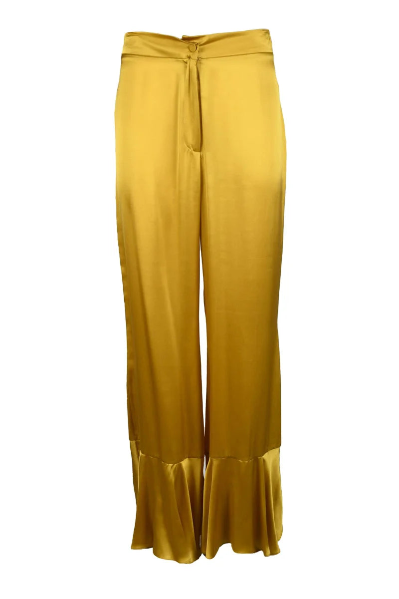 Yellow Silk Trousers with Flared Ruffle Hem