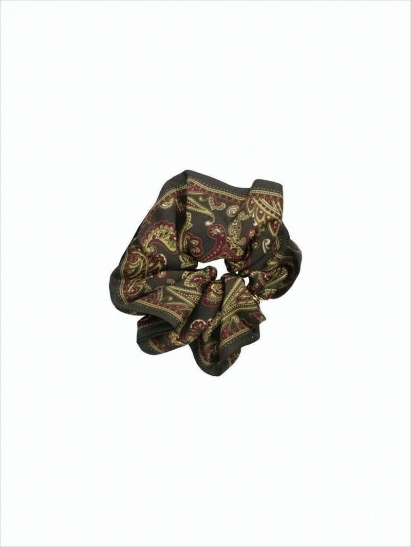 Intricate Paisley Silk Scrunchie with Metallic Charm