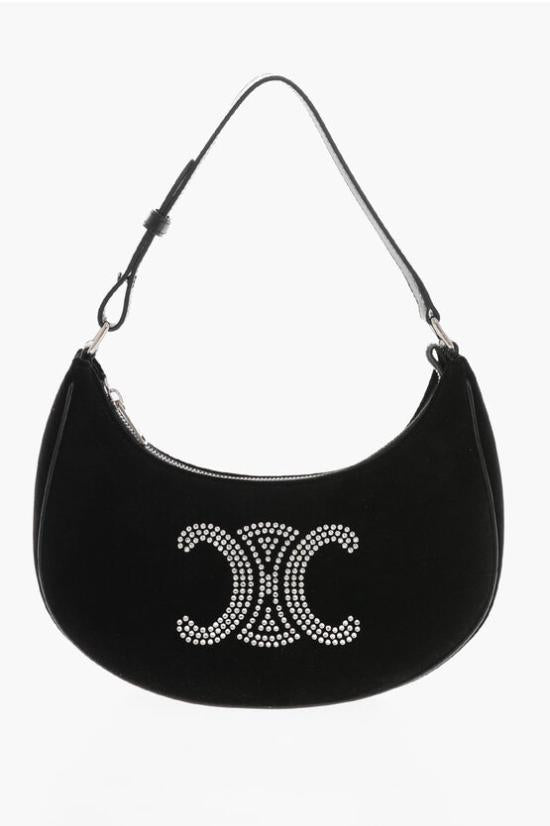 Crescent-Shape Velvet Shoulder Bag with Embellished Logo