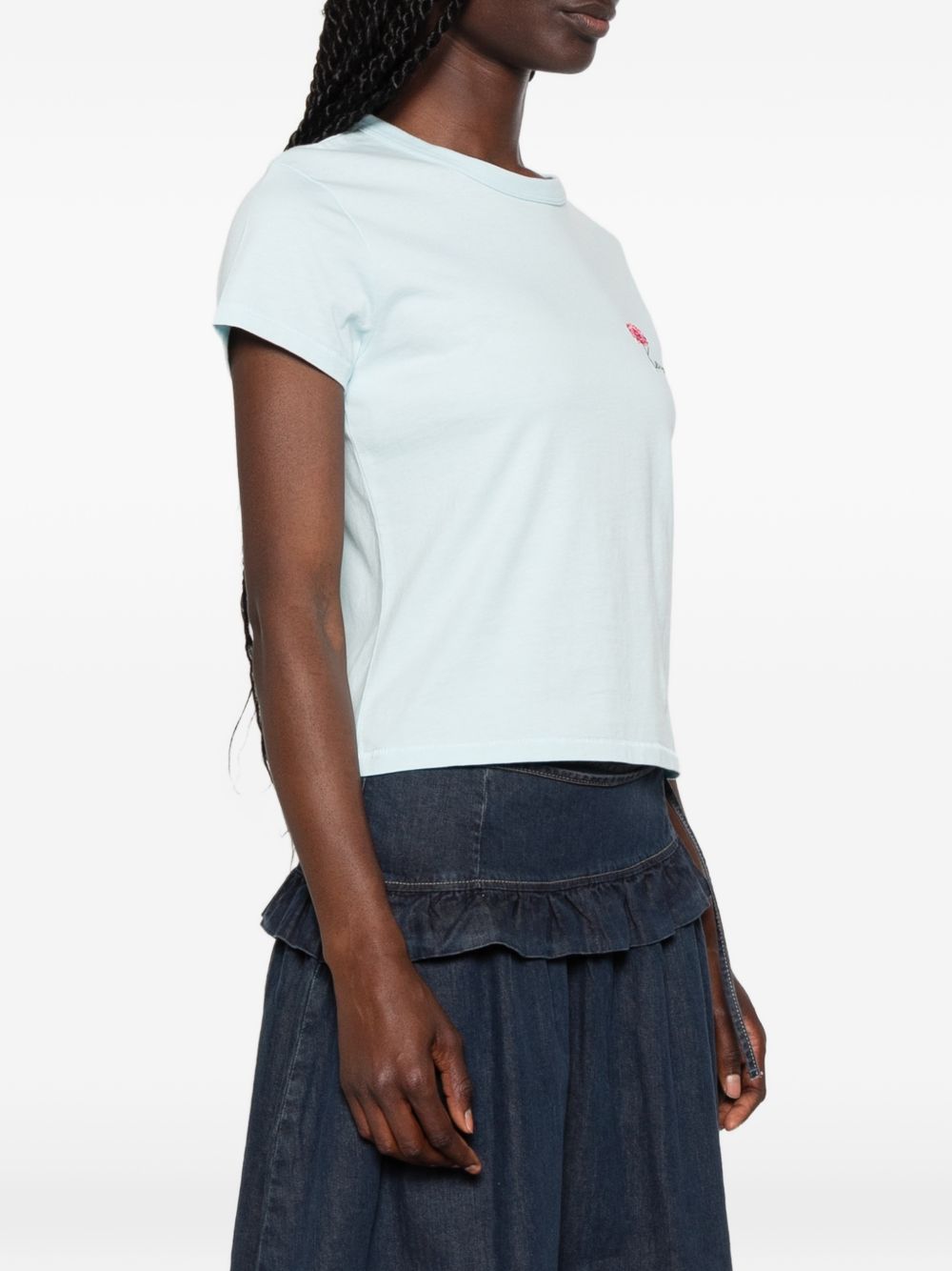 Light Blue Flower Embroidery Crew Neck Top