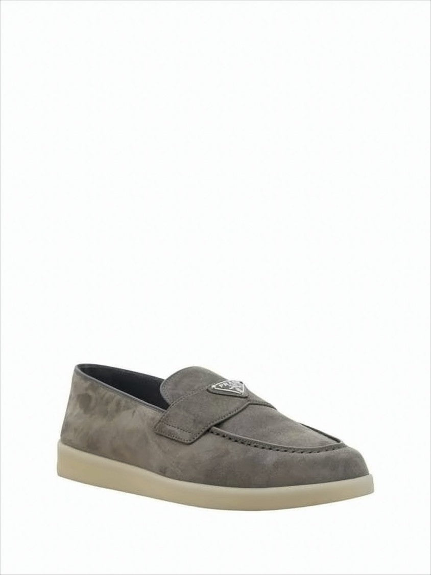 Suede Loafers With Triangular Metal Emblem