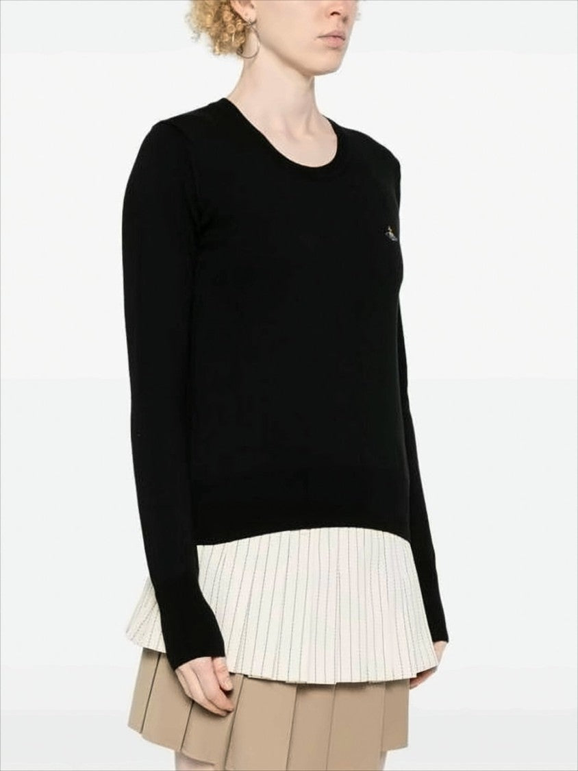 Black Knit Sweater with Cream Pleated Hem