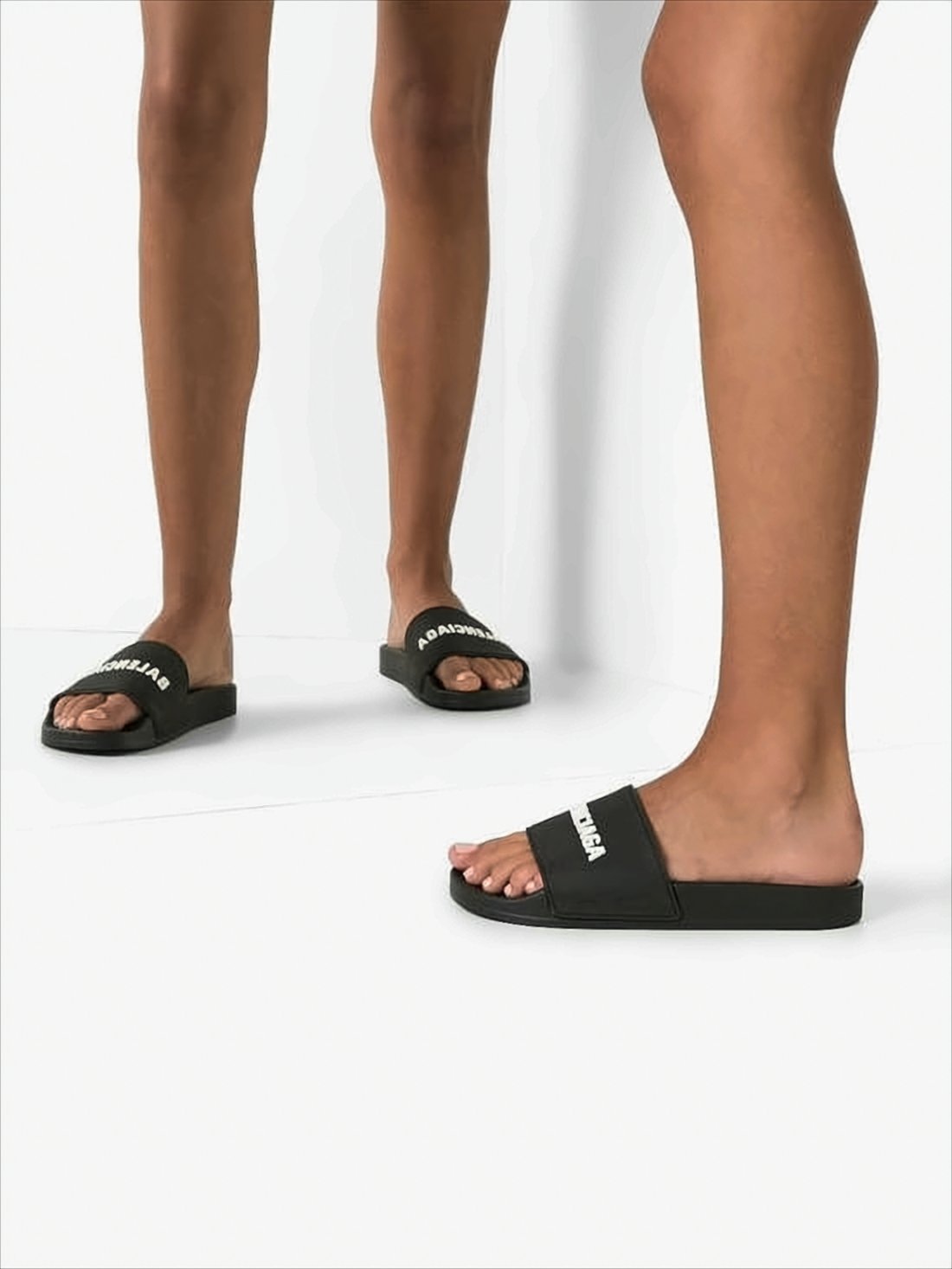 Contemporary Black Rubber Slide Sandals With Embossed Branding