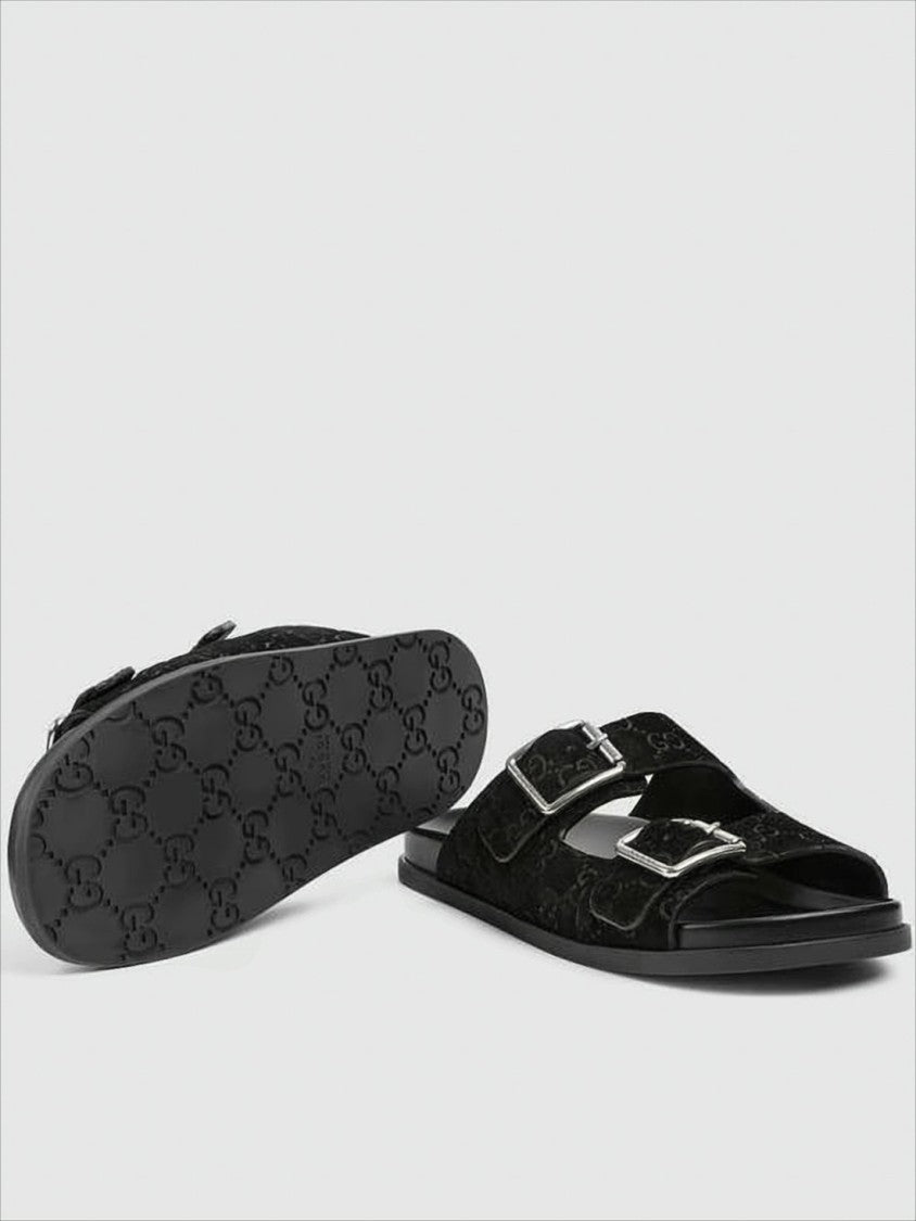 Monogram-Patterned Black Suede Sandals