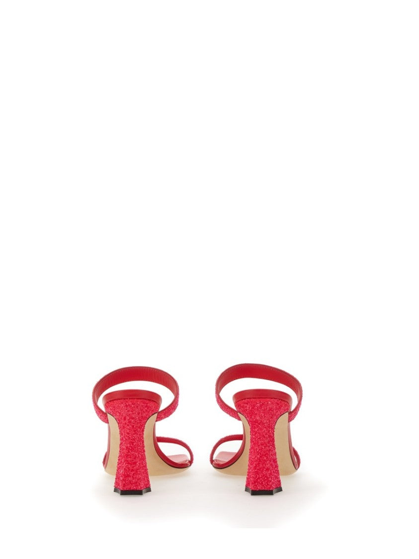 Glitter-Embellished Red Mules With Square Toe
