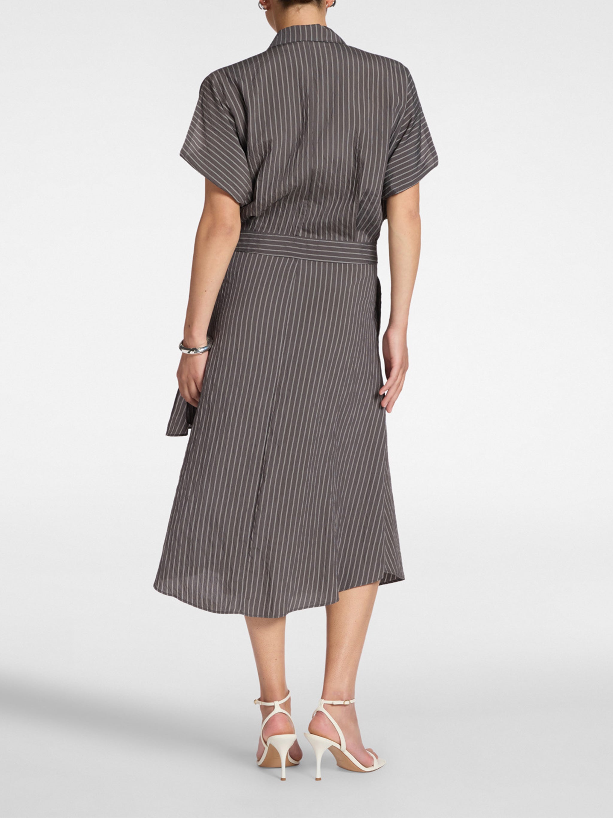 Wrap Midi Pinstripe Pattern Belted Dress