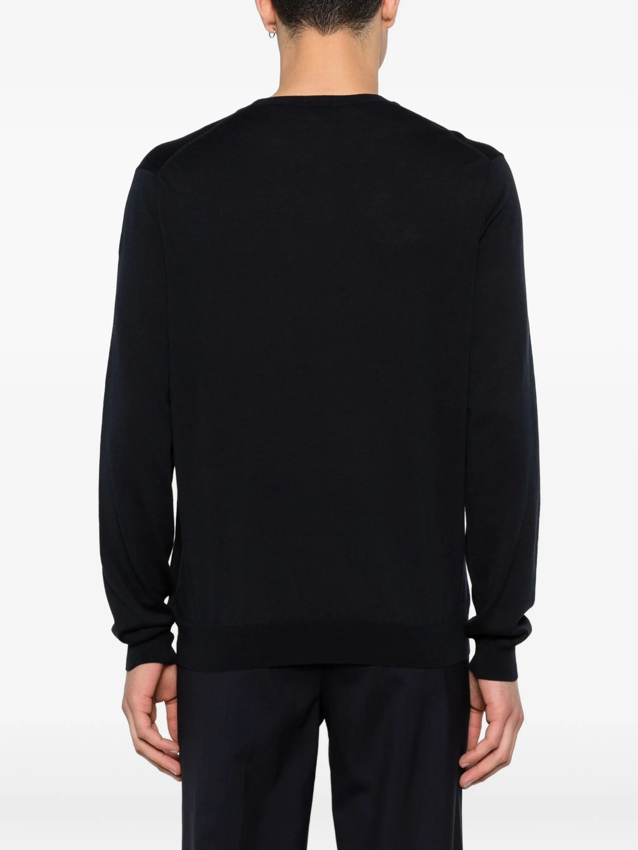 Black Fine-Knit Crew Neck Wool Pullover