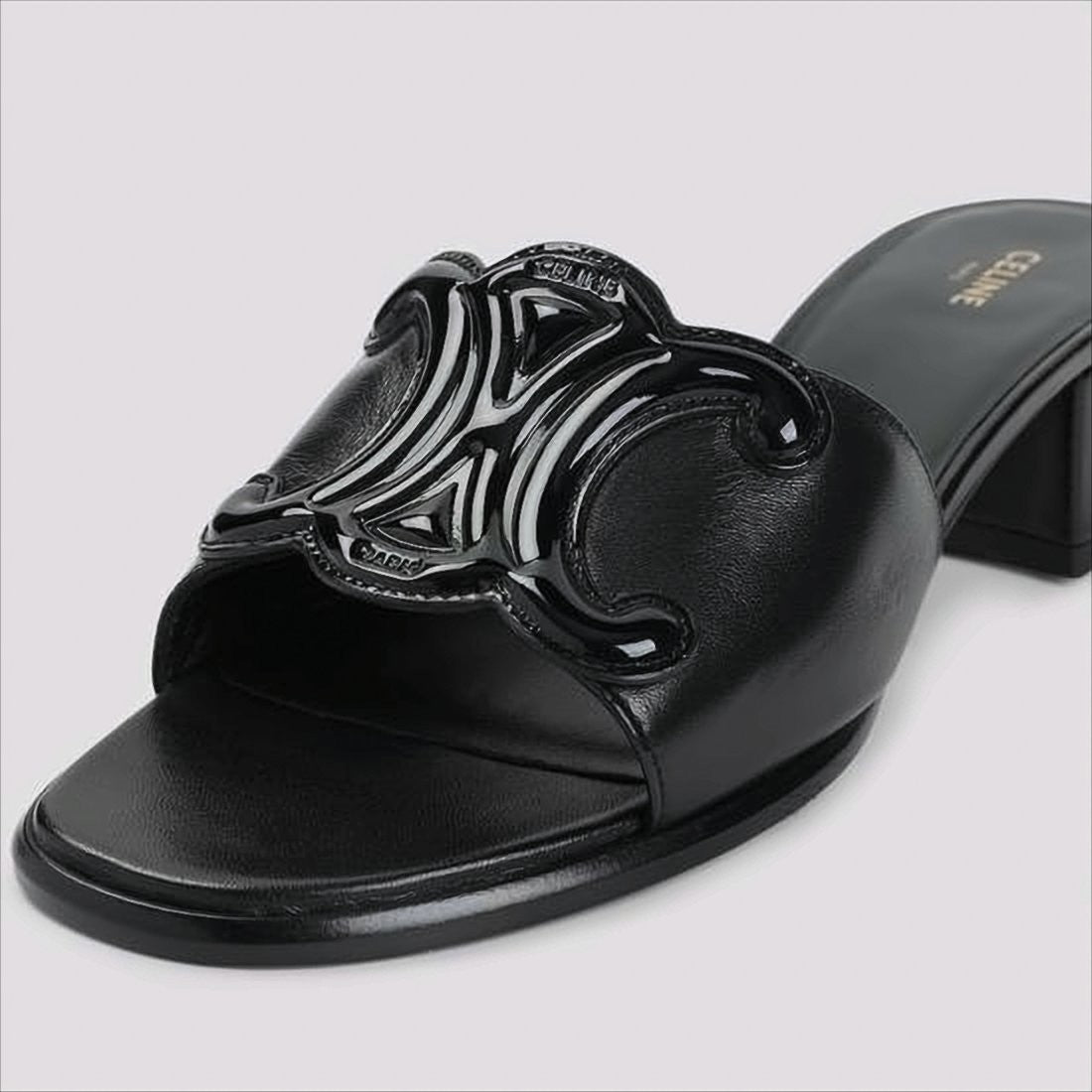 Open Toe Mules With Glossy Emblem Detail