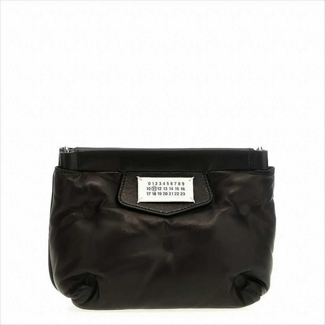 Black Nappa Leather Shoulder Bag With Gathered Texture And Signature Label