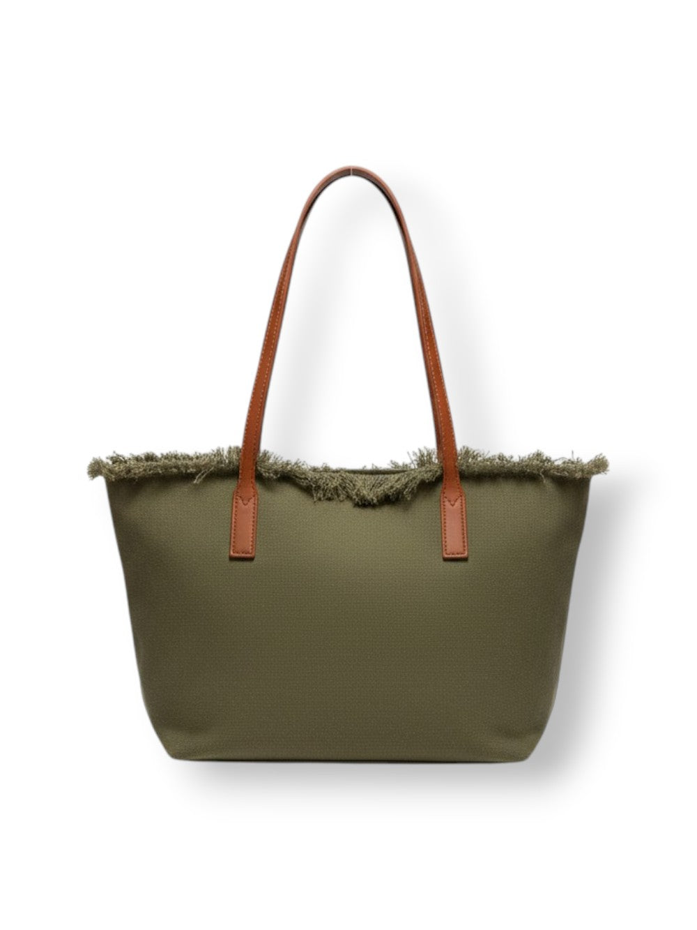Medium Olive Green Tote Bag With Textured Fringe Trim