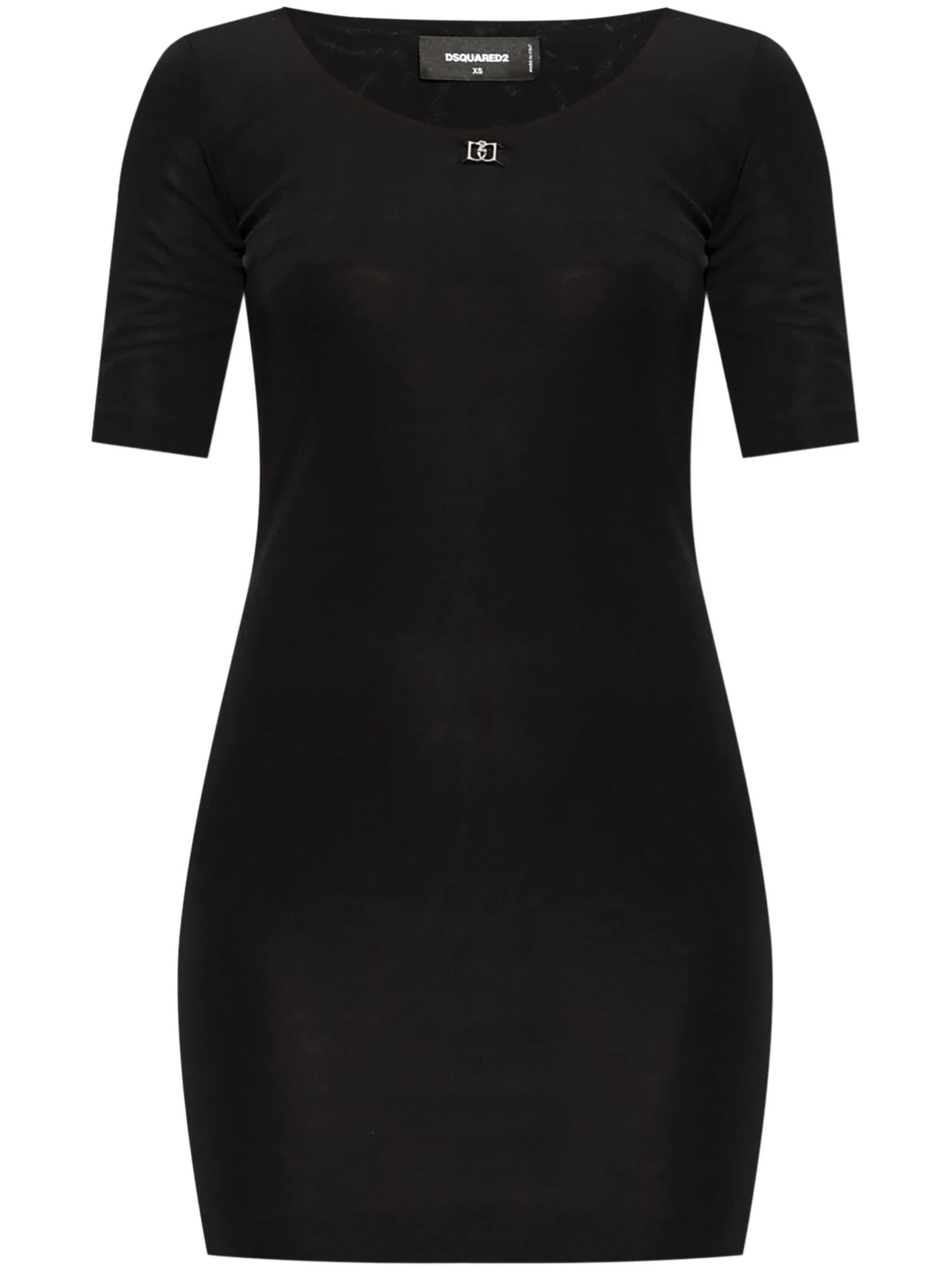 Form-Fitting Black Viscose Metallic Logo Dress