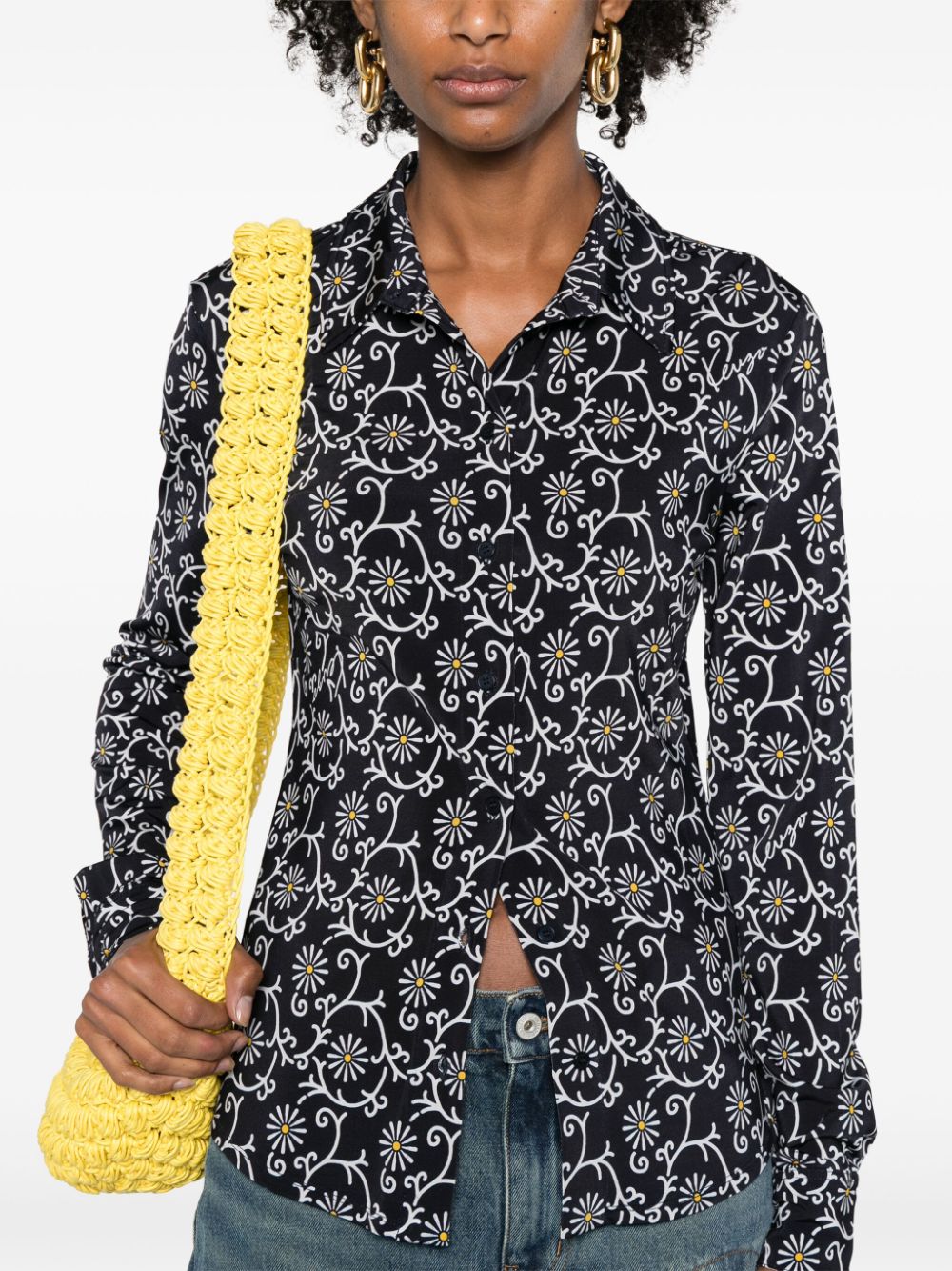 Midnight Blue Floral Print Stretch-Jersey Top