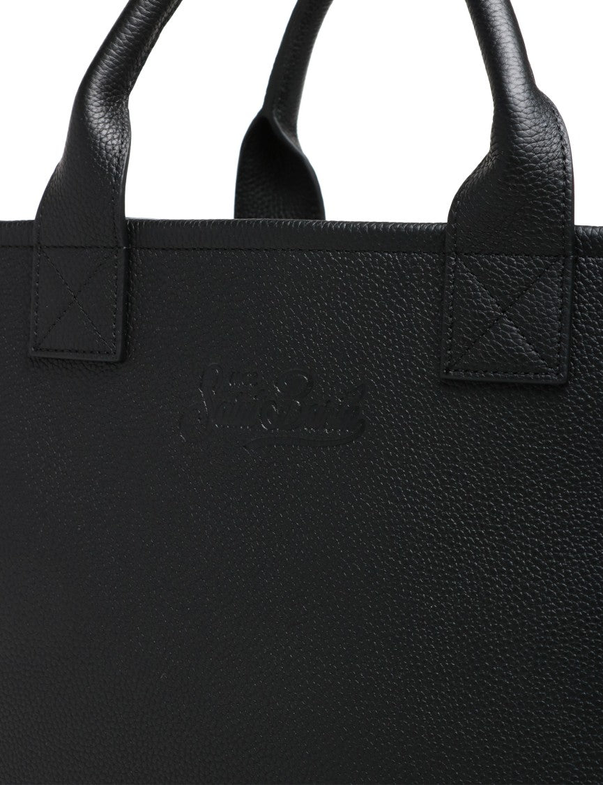 Structured Black Handbag With Adjustable Shoulder Strap And Embossed Detailing
