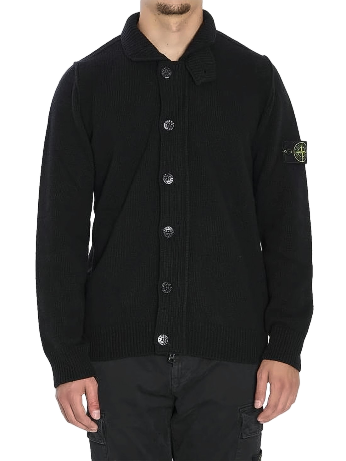 Button-Up Black Knit Cardigan with Ribbed Detailing