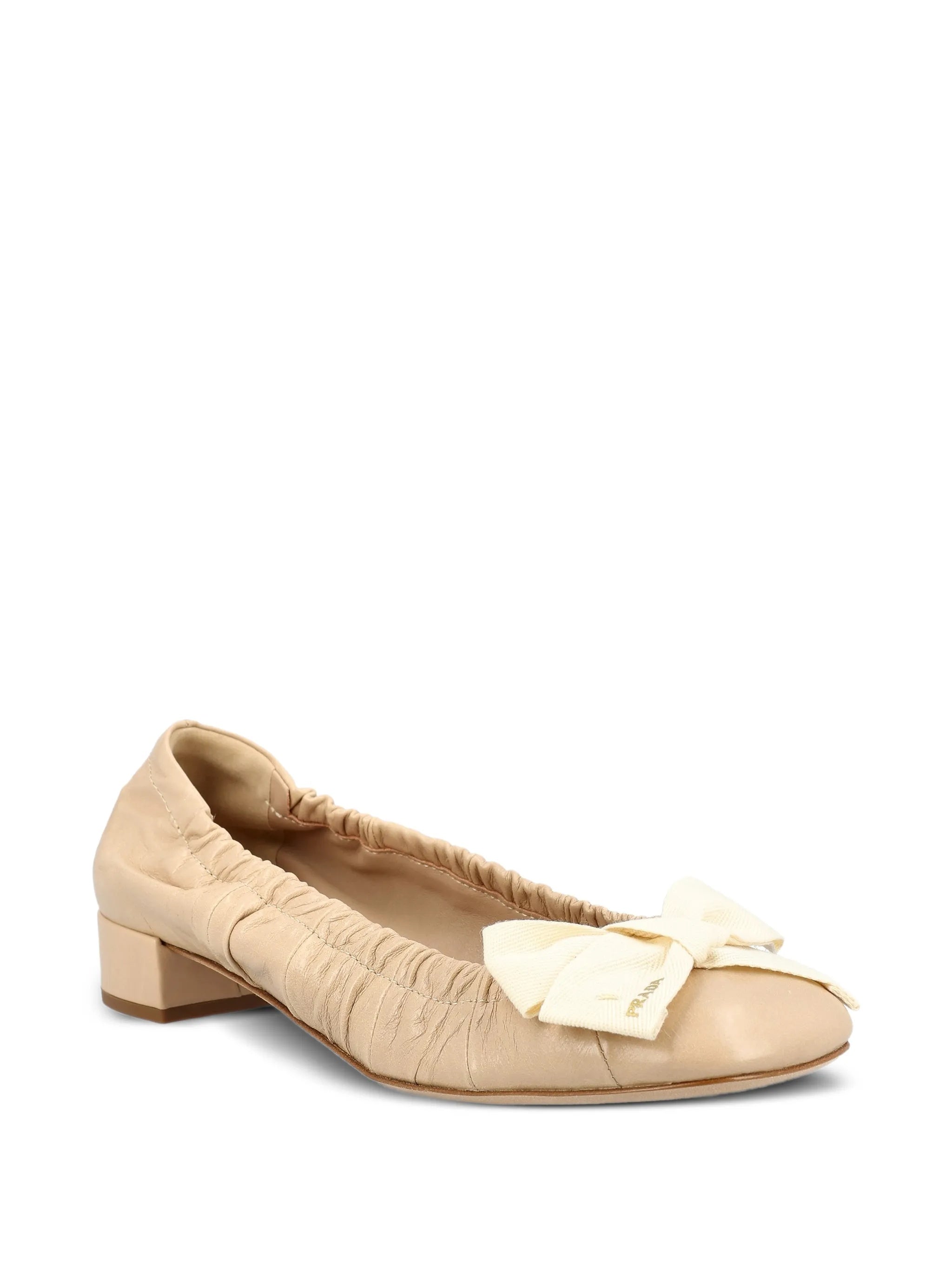 Beige Decolette Ruched Leather Flats