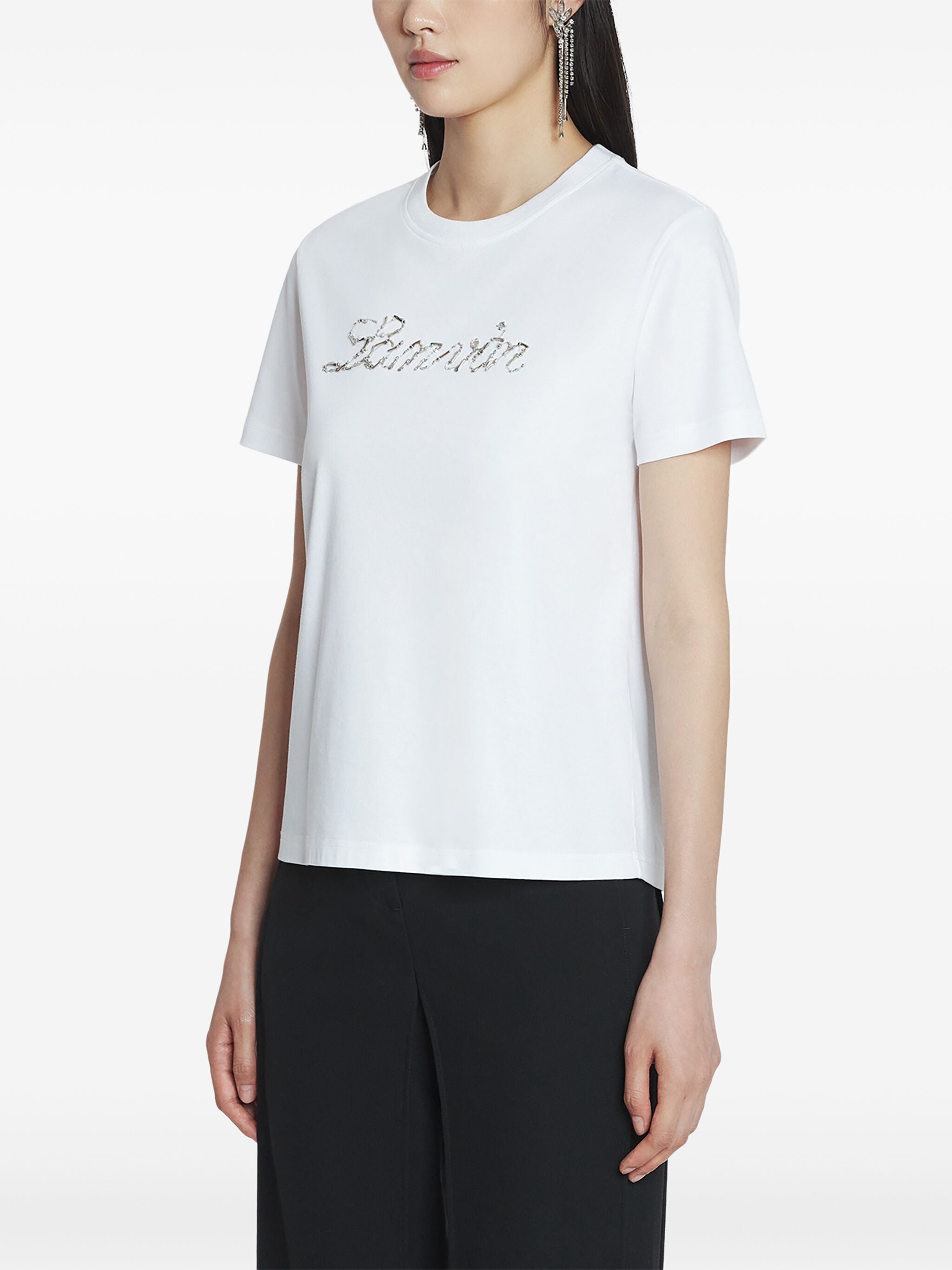 White Embroidered Script Logo Sequin T-Shirt